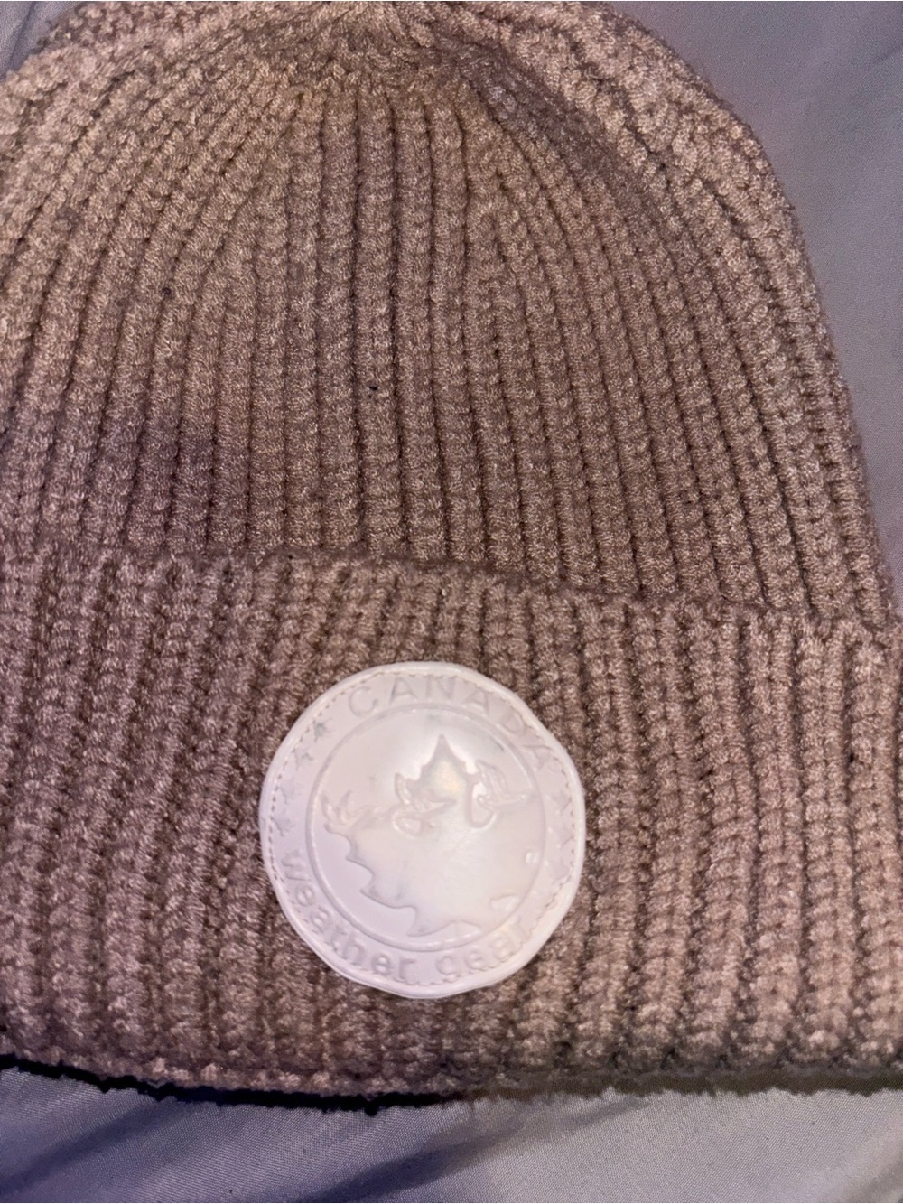 Canada Goose Knit Beanie in Beige with White Logo Patch